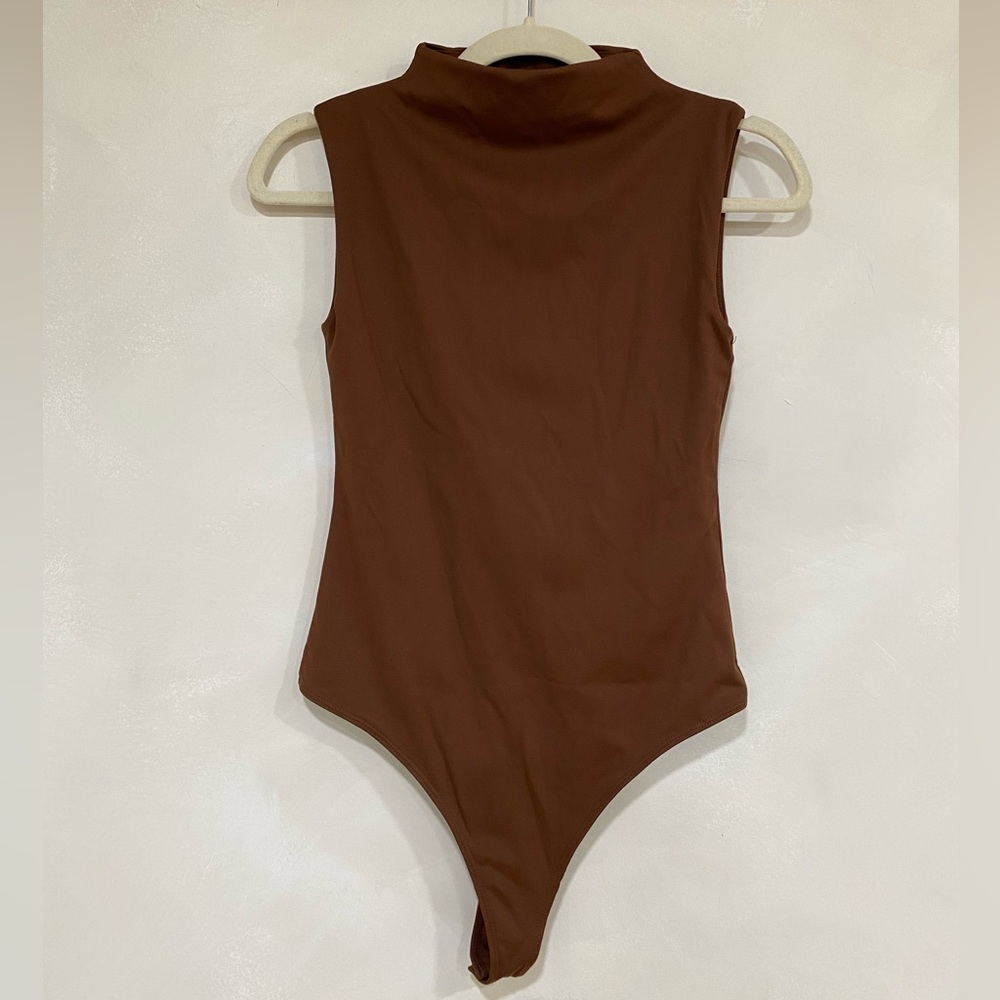 Open Edit Sleeveless Funnel Neck Brown Bodysuit XS